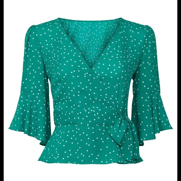BB DAKOTA - Bright Green & White Polka Flared Sleeve Wrap Blouse Size Small - Picture 8 of 9